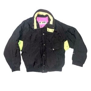 Vintage 90s Roffe Skiwear Ski Jacket Black Neon Yellow Pink Men's M USA Made
